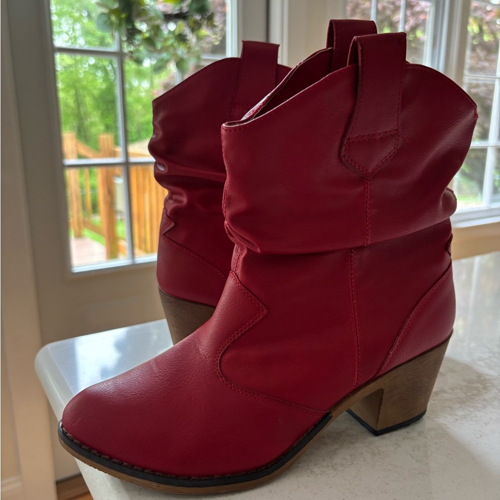 Red Heeled Boots with Suede Finish and Chunky Heel